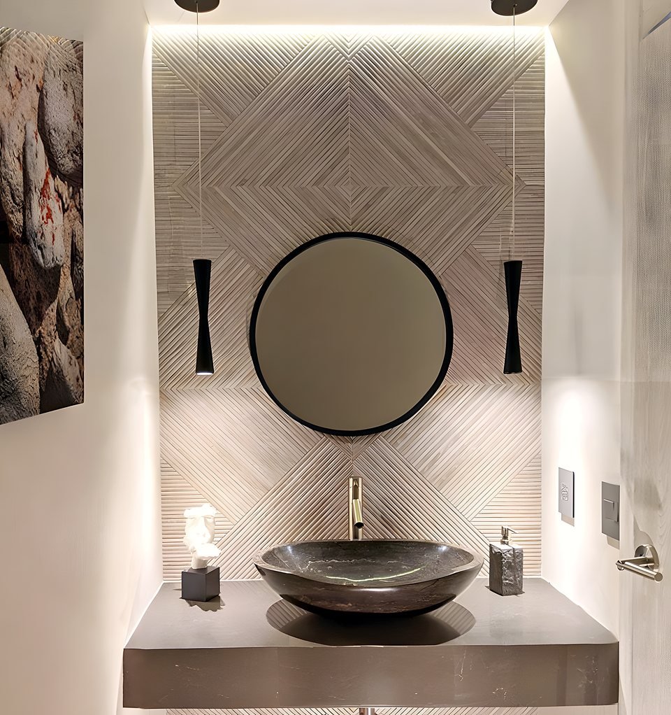 Powder room with dramatic surfaces