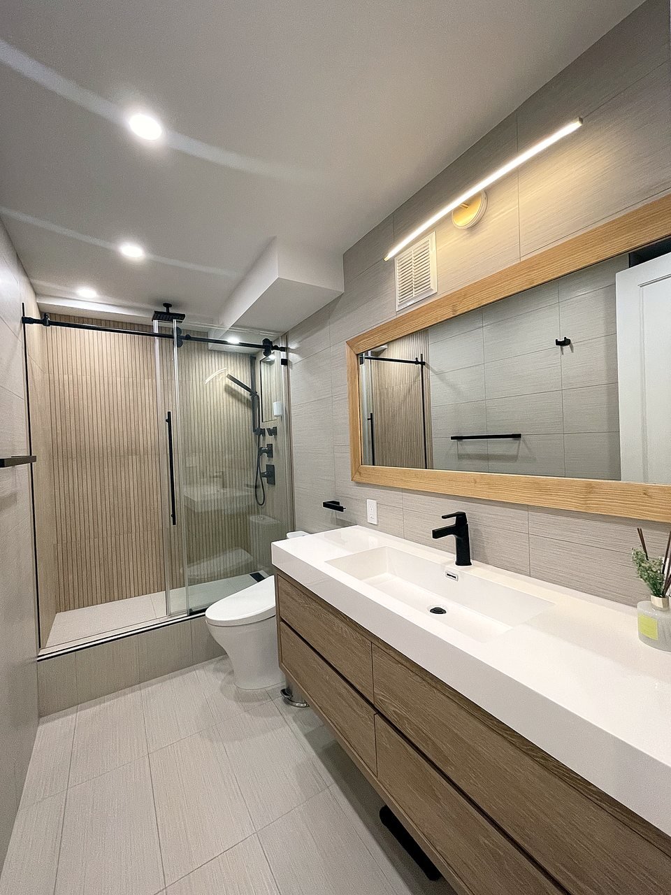 Powder room with statement fixtures
