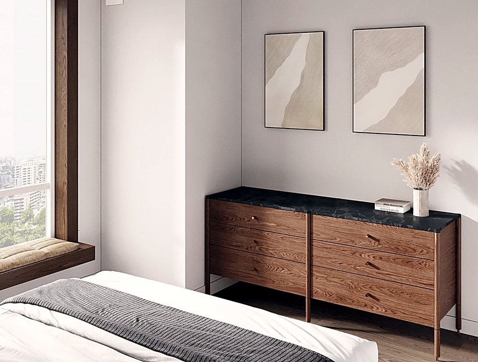 Bedroom zone with warm woods