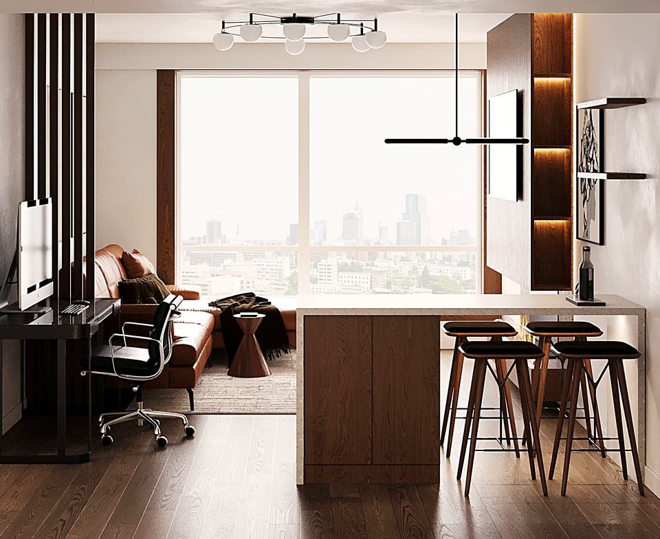 Living area with curved seating