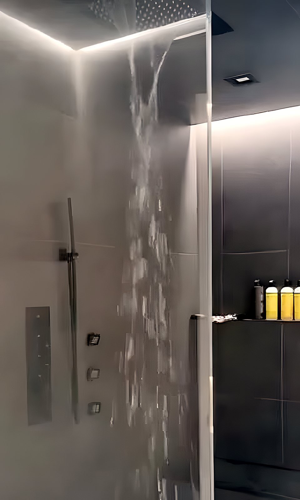 Detail of stone shower surround and warm metal fittings