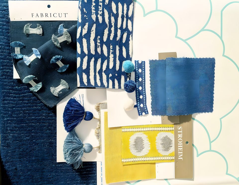 Fabric and material mood board for a children's room