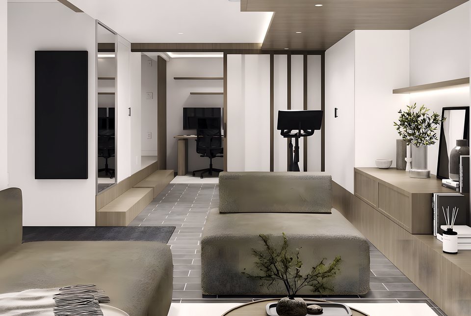 Wide view of the lounge with custom bar millwork