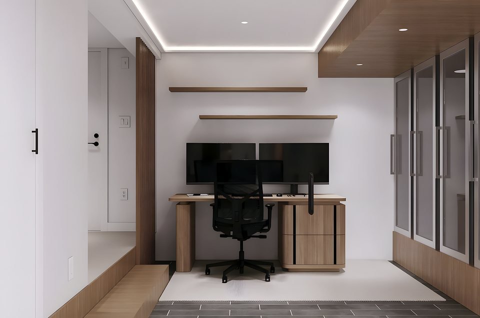 Early design rendering exploring the lounge's palette and millwork